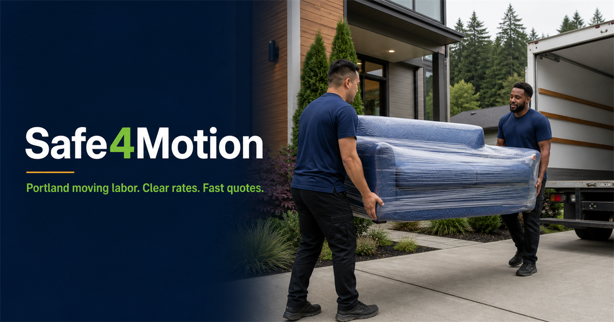 Safe4Motion moving labor graphic showing two movers carrying a wrapped sofa toward a moving truck